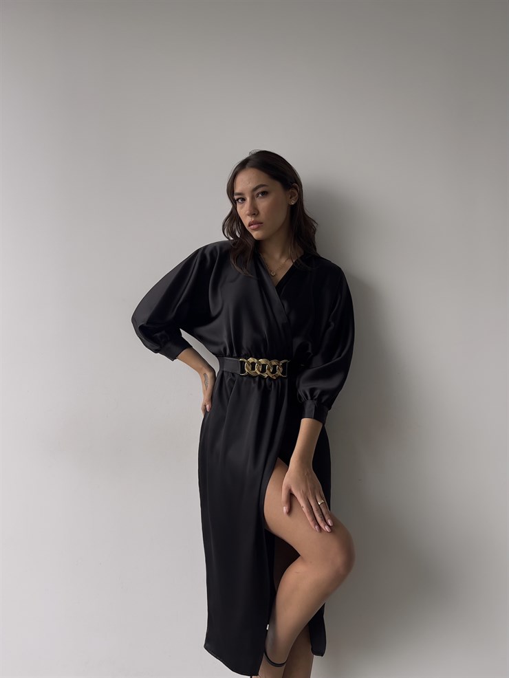 Kruvaze Yaka Kemerli Önden Yırtmaç Detay Malika Kadın Siyah Midi Elbise 23K000345