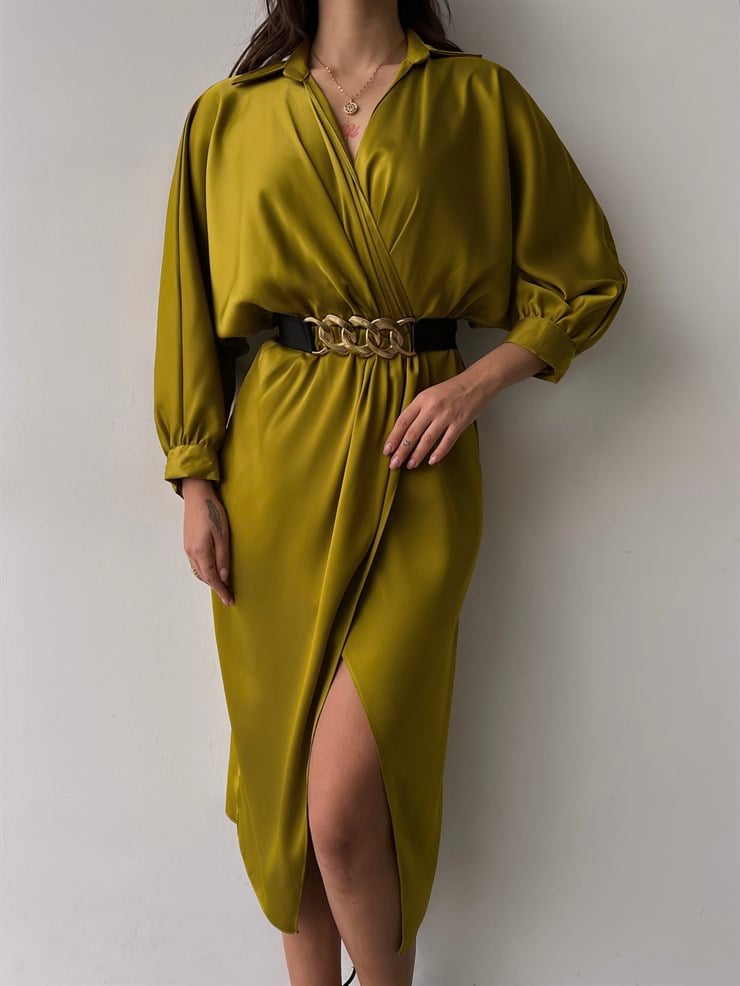 Kruvaze Yaka Kemerli Önden Yırtmaç Detay Malika Kadın Zeytin Yeşili Midi Elbise 23K000345