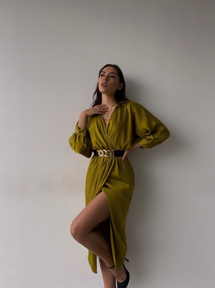 Kruvaze Yaka Kemerli Önden Yırtmaç Detay Malika Kadın Zeytin Yeşili Midi Elbise 23K000345