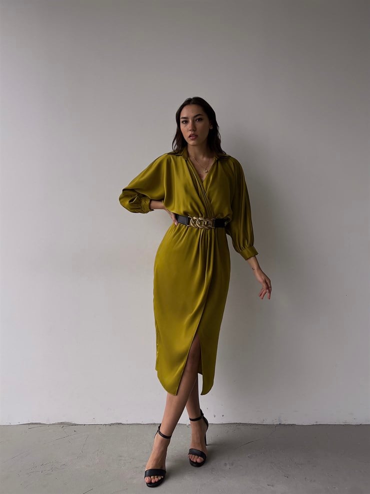 Kruvaze Yaka Kemerli Önden Yırtmaç Detay Malika Kadın Zeytin Yeşili Midi Elbise 23K000345