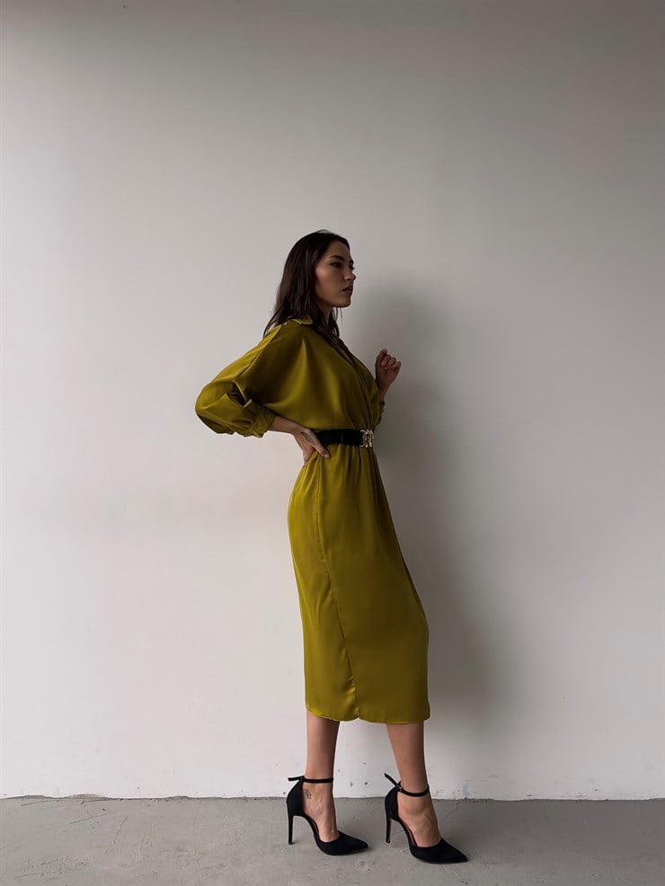 Kruvaze Yaka Kemerli Önden Yırtmaç Detay Malika Kadın Zeytin Yeşili Midi Elbise 23K000345