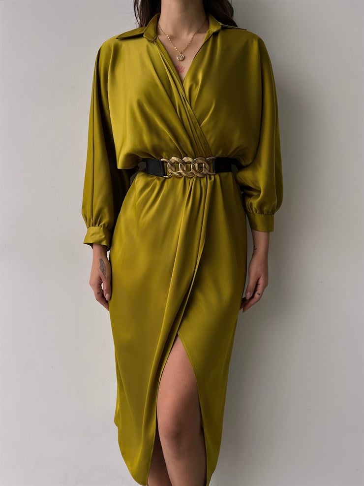 Kruvaze Yaka Kemerli Önden Yırtmaç Detay Malika Kadın Zeytin Yeşili Midi Elbise 23K000345