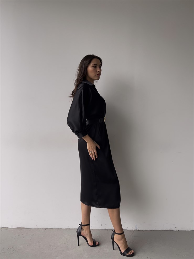 Kruvaze Yaka Kemerli Önden Yırtmaç Detay Malika Kadın Siyah Midi Elbise 23K000345