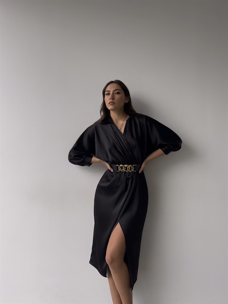 Kruvaze Yaka Kemerli Önden Yırtmaç Detay Malika Kadın Siyah Midi Elbise 23K000345