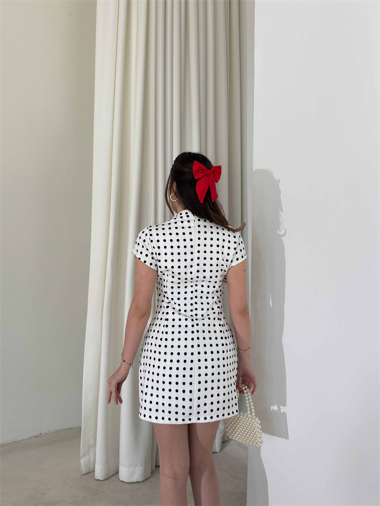 Puantiyeli Boyundan Bağlamalı Mini Mallın Krem Kadın Elbise 26Y057