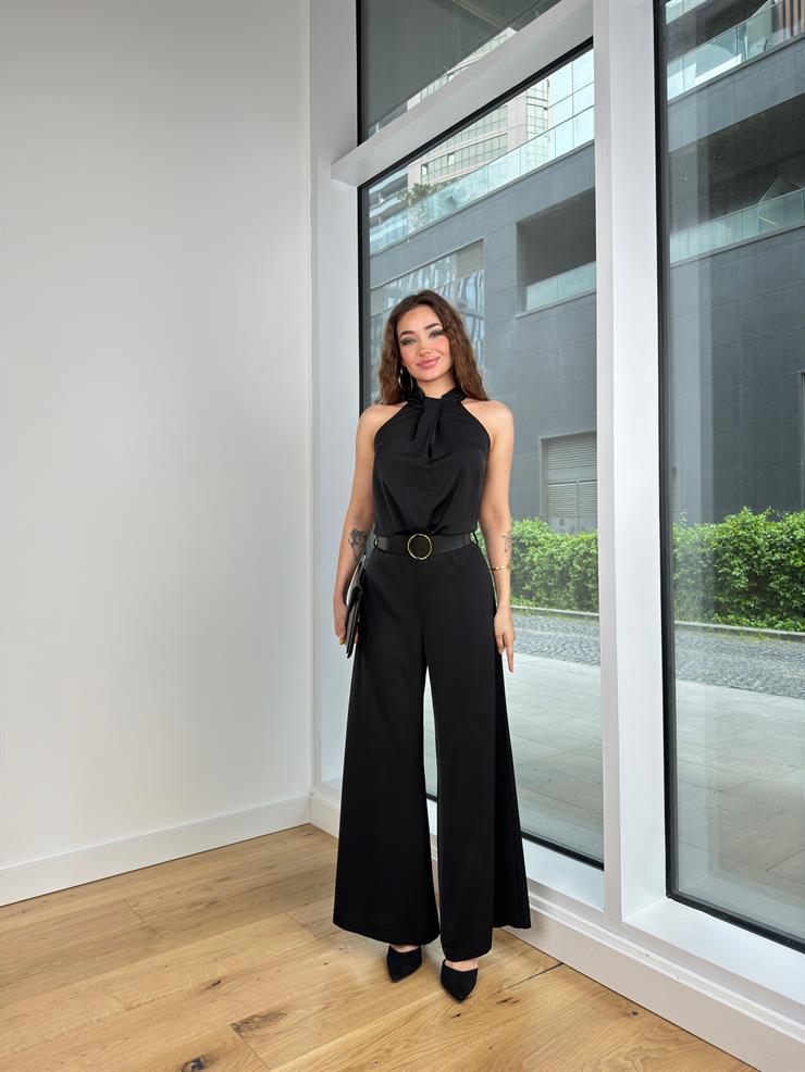 Kolsuz Boğazlı Beli Kemerli Paçası Geniş Malony Kadın Siyah Tulum 24Y486