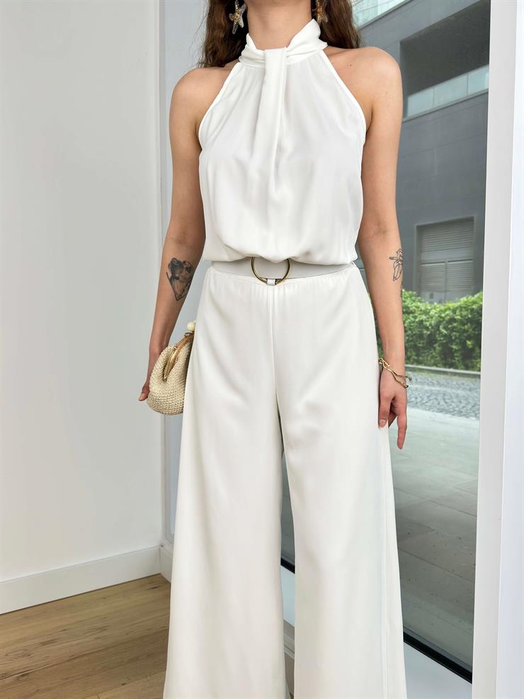 Kolsuz Boğazlı Beli Kemerli Paçası Geniş Malony Kadın Beyaz Tulum 24Y486