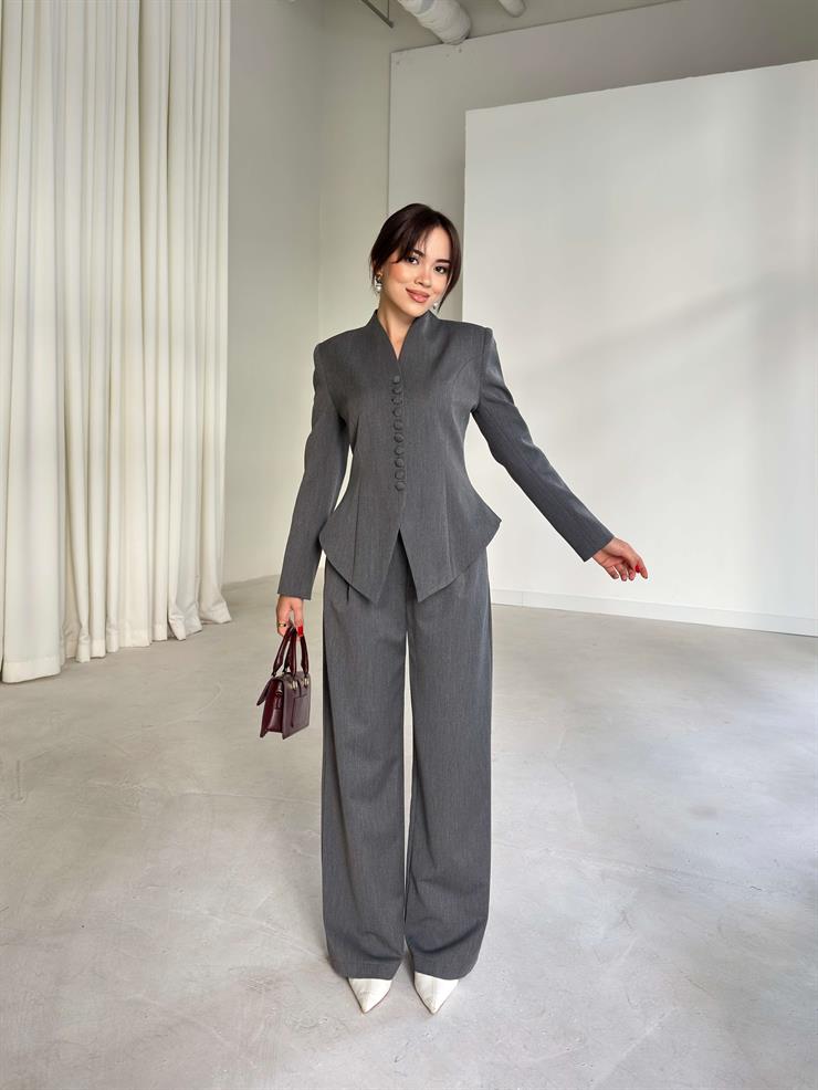 Önü Düğmeli Hakim Yaka Malri Gri Kadın İkili Takım 26K108