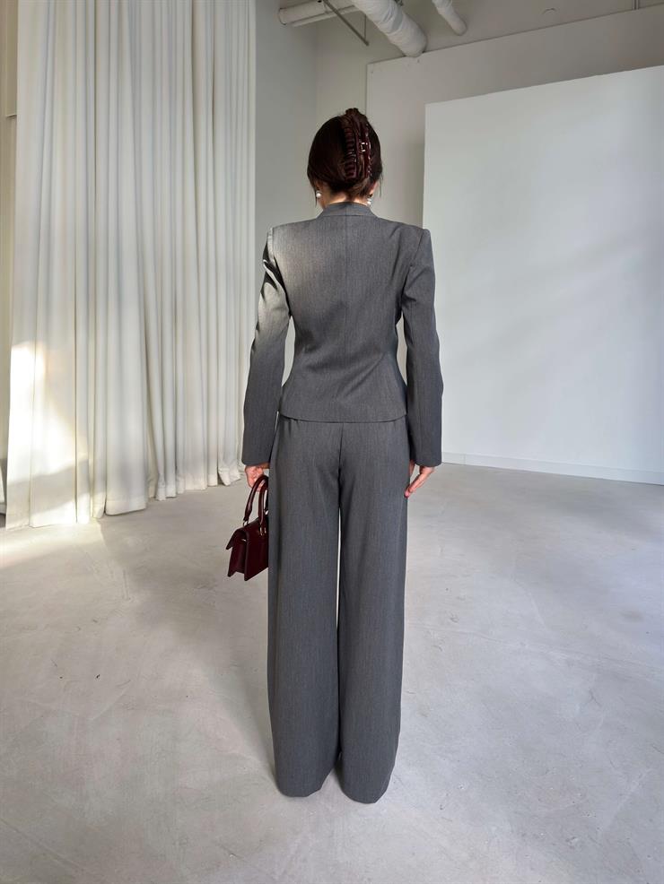 Önü Düğmeli Hakim Yaka Malri Gri Kadın İkili Takım 26K108