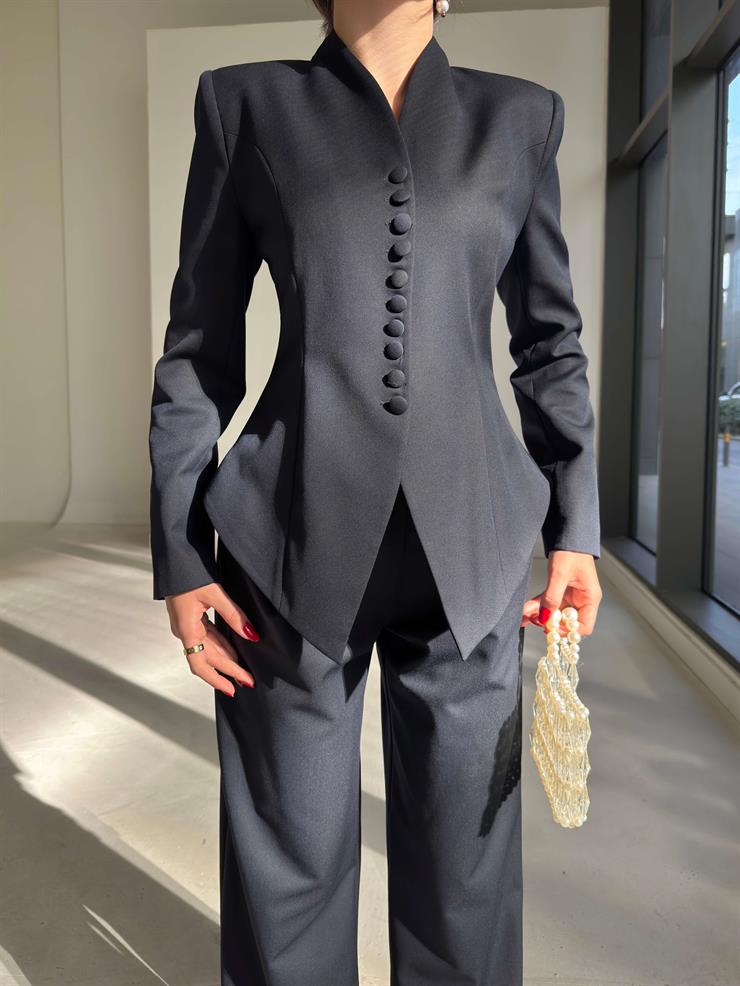 Önü Düğmeli Hakim Yaka Malri Lacivert Kadın İkili Takım 26K108