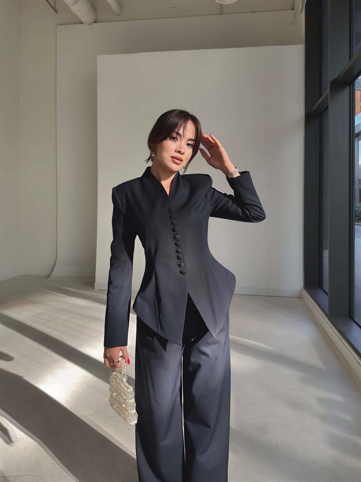 Önü Düğmeli Hakim Yaka Malri Lacivert Kadın İkili Takım 26K108