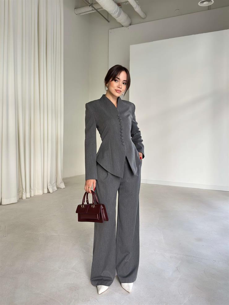 Önü Düğmeli Hakim Yaka Malri Gri Kadın İkili Takım 26K108