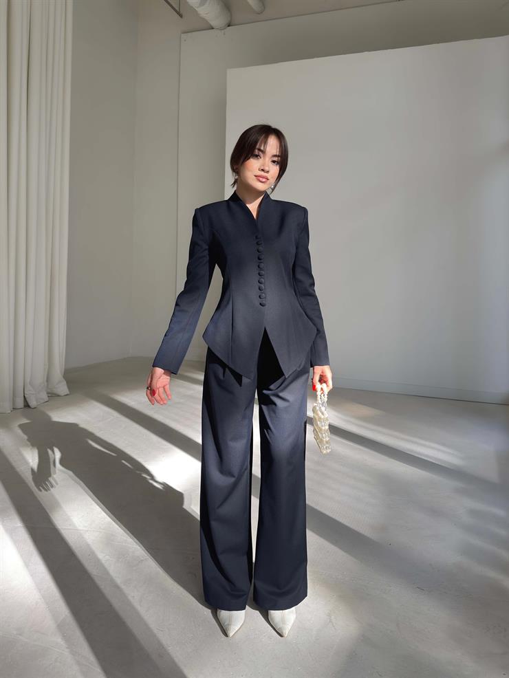 Önü Düğmeli Hakim Yaka Malri Lacivert Kadın İkili Takım 26K108