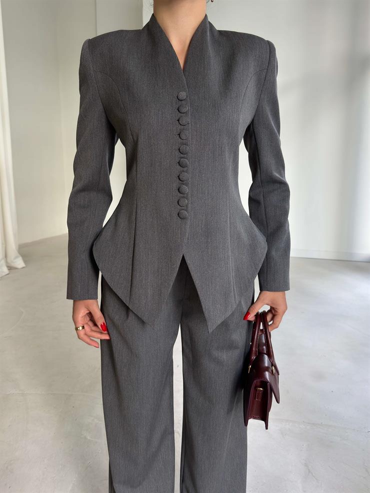 Önü Düğmeli Hakim Yaka Malri Gri Kadın İkili Takım 26K108