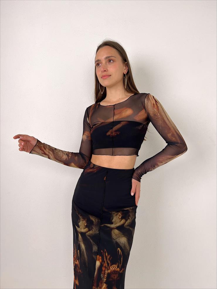 Transparan Tül Mandy Kadın Renkli Desenli Bluz 23Y000010