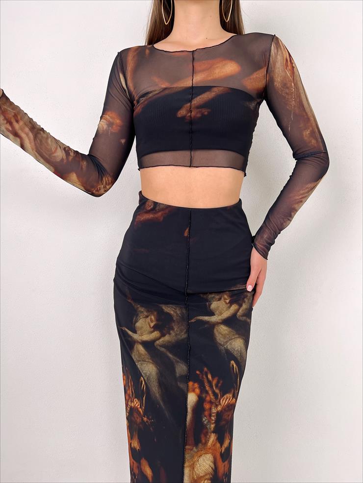 Transparan Tül Mandy Kadın Renkli Desenli Bluz 23Y000010