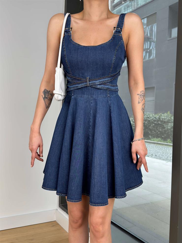 Kalın Askılı Mansa Mavi Kadın Mini Kot Elbise 25Y200