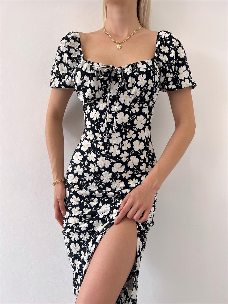 Yakası Bağlamalı Manu Kadın Çiçekli Siyah Yırtmaçlı Elbise 23Y000347