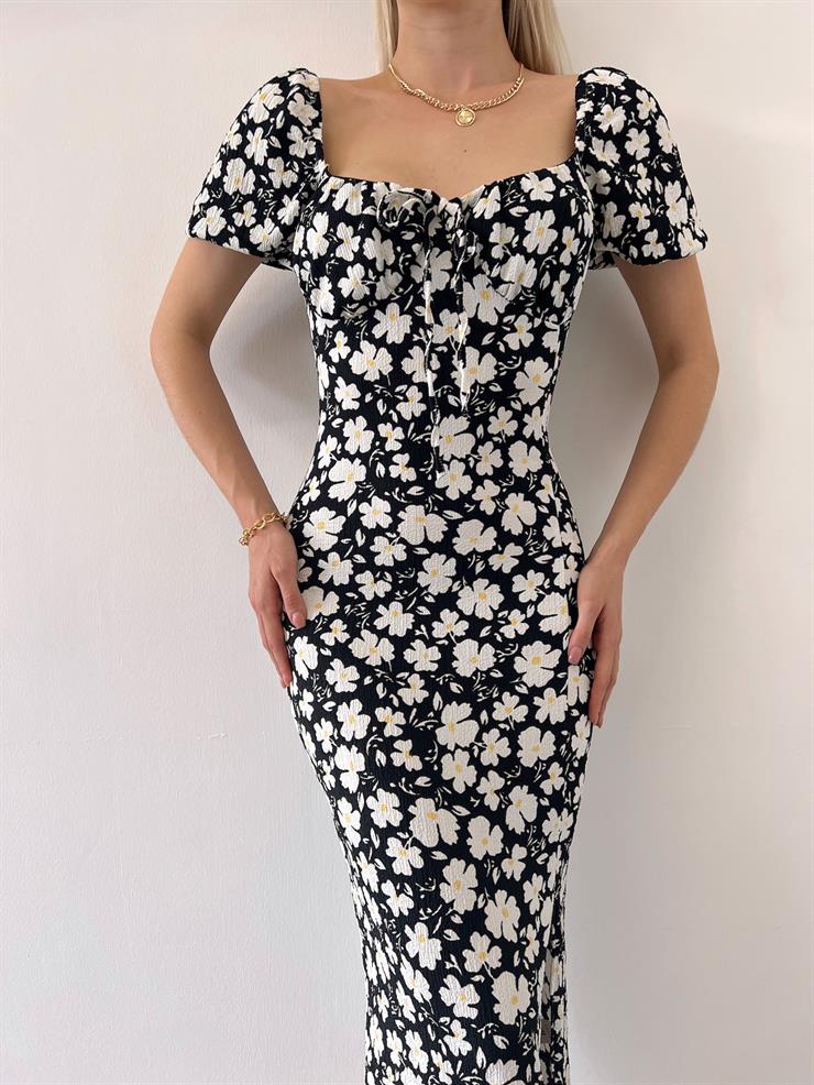 Yakası Bağlamalı Manu Kadın Çiçekli Siyah Yırtmaçlı Elbise 23Y000347