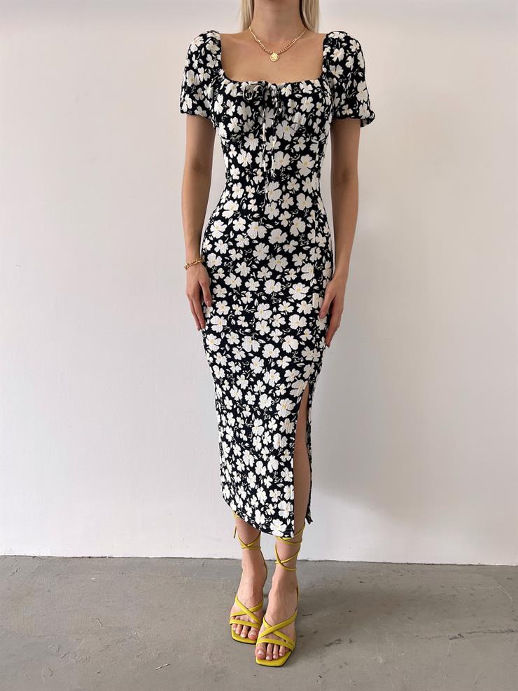 Yakası Bağlamalı Manu Kadın Çiçekli Siyah Yırtmaçlı Elbise 23Y000347