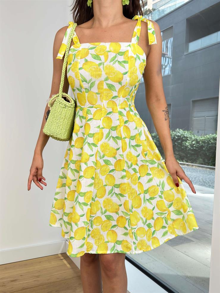 Kare Yaka Askılı Bağlama Detaylı Manuel Kadın Desenli Sarı Mini Elbise 24Y774