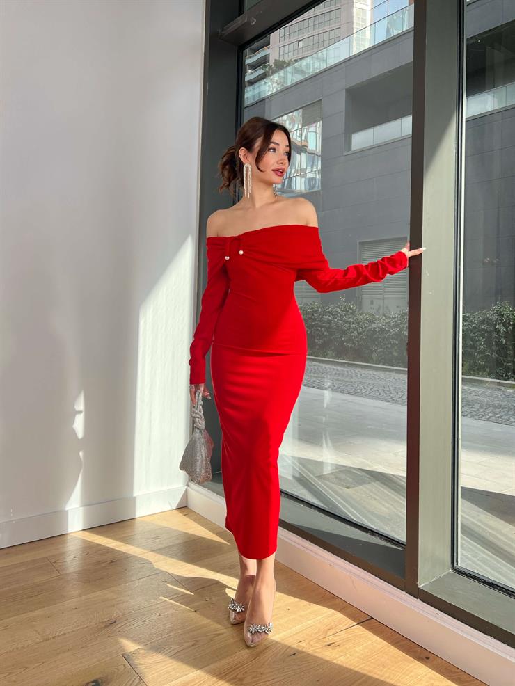 Madonna Yaka Aksesuar Detaylı Marcela Kadın Kırmızı  Elbise 24Y036