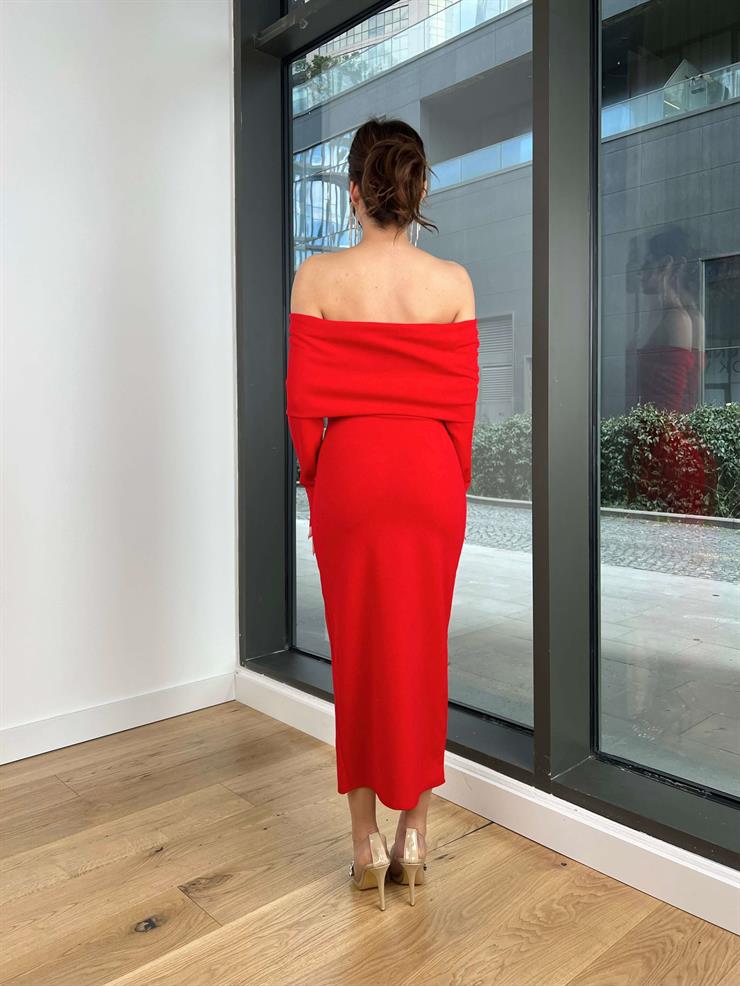 Madonna Yaka Aksesuar Detaylı Marcela Kadın Kırmızı  Elbise 24Y036