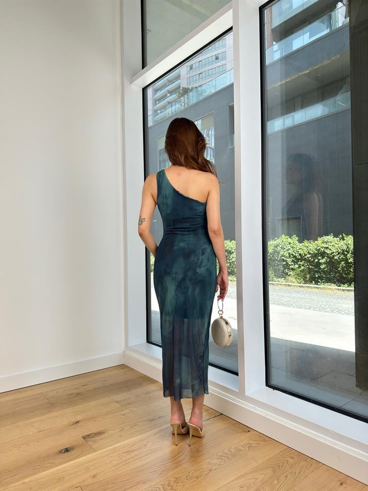 Tek Omuz Askılı Drapeli Marden Kadın Desenli Petrol Yeşili Midi Elbise 24Y656