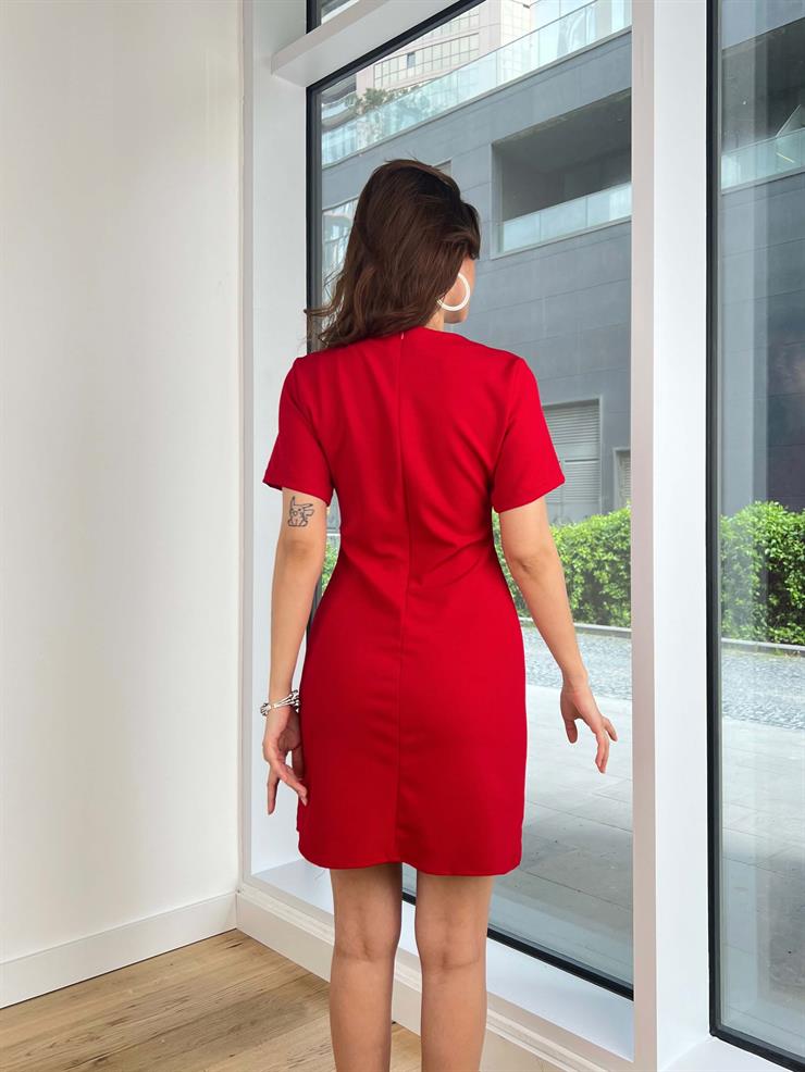 Kısa Kollu Ters Dikiş Detaylı Marek Kadın Kırmızı Mini Elbise 24Y408