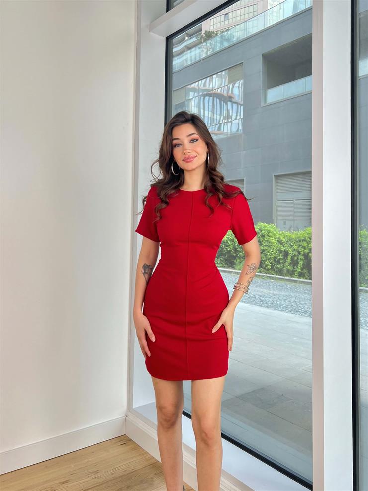 Kısa Kollu Ters Dikiş Detaylı Marek Kadın Kırmızı Mini Elbise 24Y408