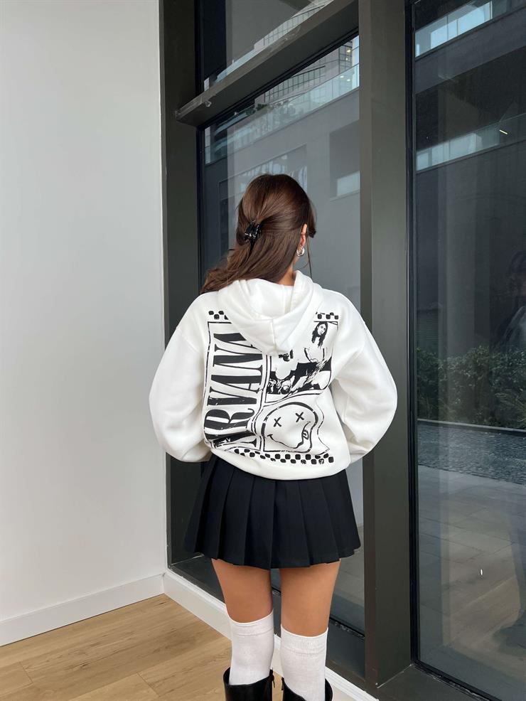 Kapüşonlu Nırvana Yazılı Baskılı Margarita  Kadın Ekru Sweatshırt 24k271