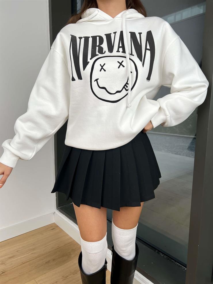 Kapüşonlu Nırvana Yazılı Baskılı Margarita  Kadın Ekru Sweatshırt 24k271