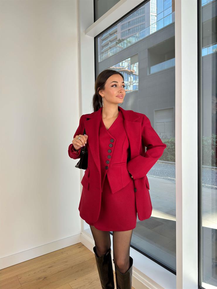 Omuz Vatkalı Önü Düğme Kapamalı Margita Bordo Kadın Blazer Ceket 25K169