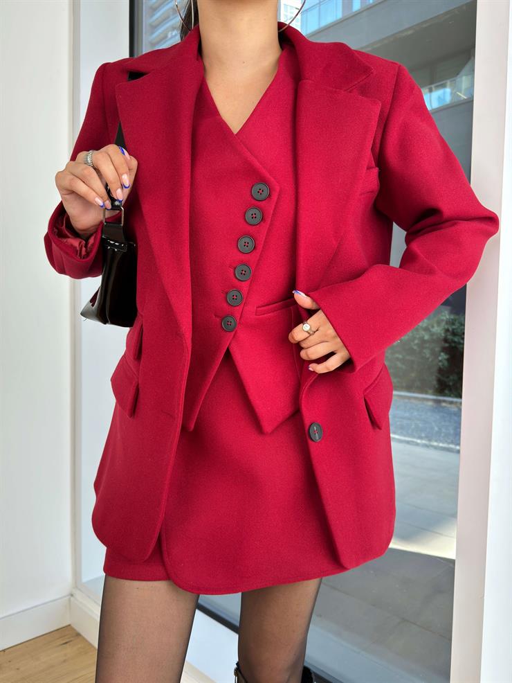 Omuz Vatkalı Önü Düğme Kapamalı Margita Bordo Kadın Blazer Ceket 25K169