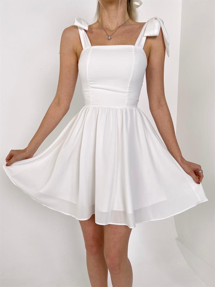 Kare Yaka Bağlamalı Kalın Askı Margo Kadın Beyaz Mini Elbise 23Y000160