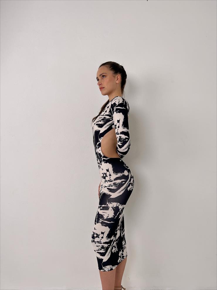 Balıkçı Yaka Sırt Dekolteli Marie Kadın Siyah Desenli Midi Elbise 23Y000089