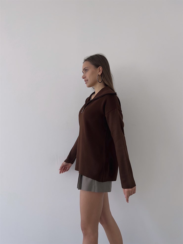 Gömlek Yaka Mariella Kadın Kahve Fermuarlı Kazak 23K000246