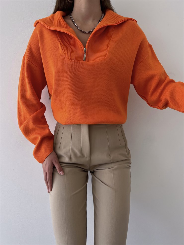 Gömlek Yaka Mariella Kadın Turuncu Fermuarlı Kazak 23K000246