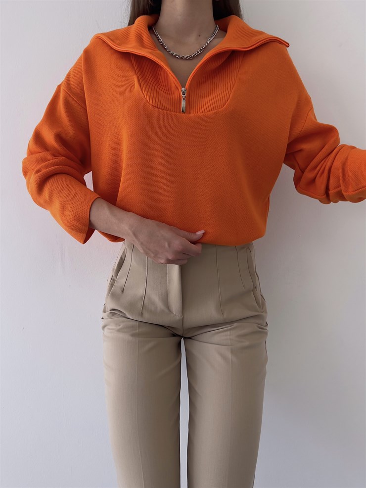 Gömlek Yaka Mariella Kadın Turuncu Fermuarlı Kazak 23K000246