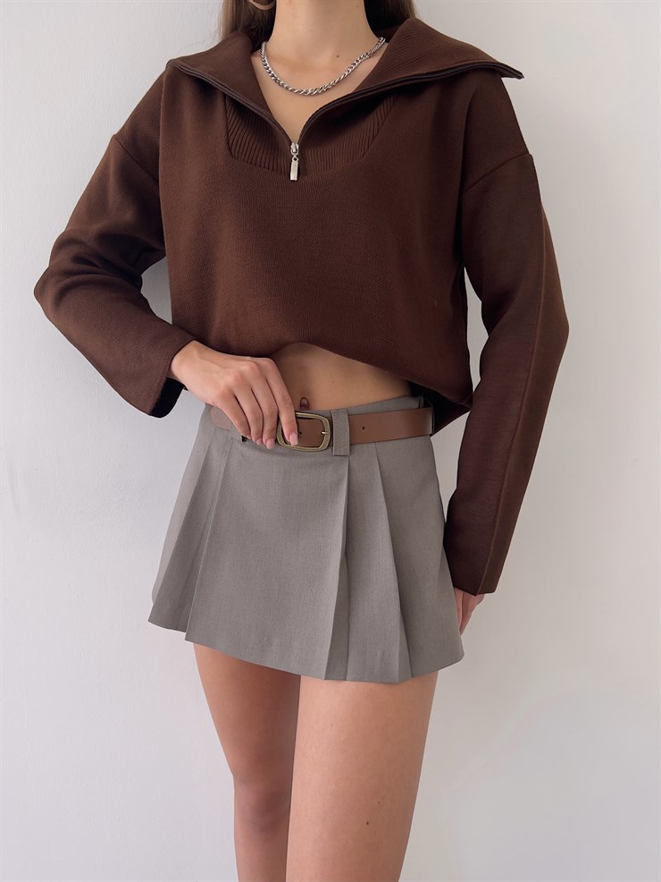 Gömlek Yaka Mariella Kadın Kahve Fermuarlı Kazak 23K000246