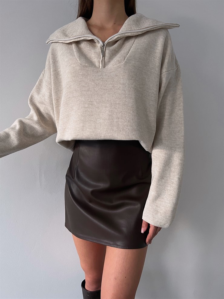 Gömlek Yaka Mariella Kadın Fermuarlı Taş Kazak 23K000246