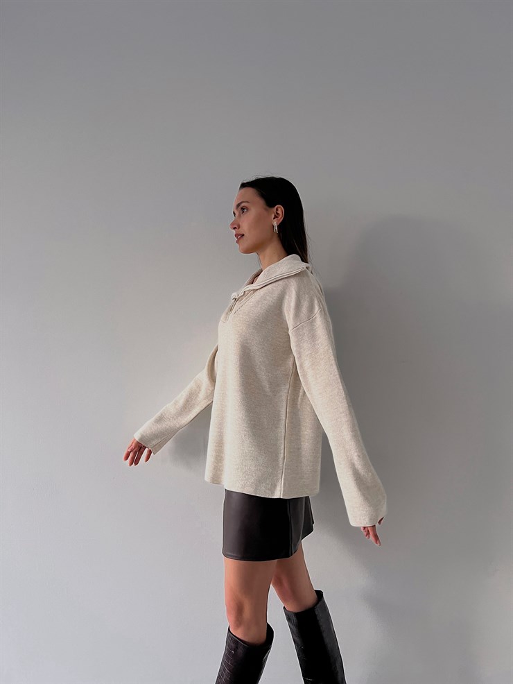 Gömlek Yaka Mariella Kadın Fermuarlı Taş Kazak 23K000246