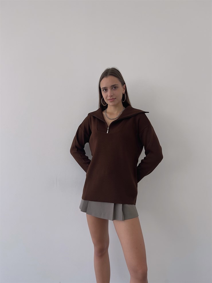 Gömlek Yaka Mariella Kadın Kahve Fermuarlı Kazak 23K000246