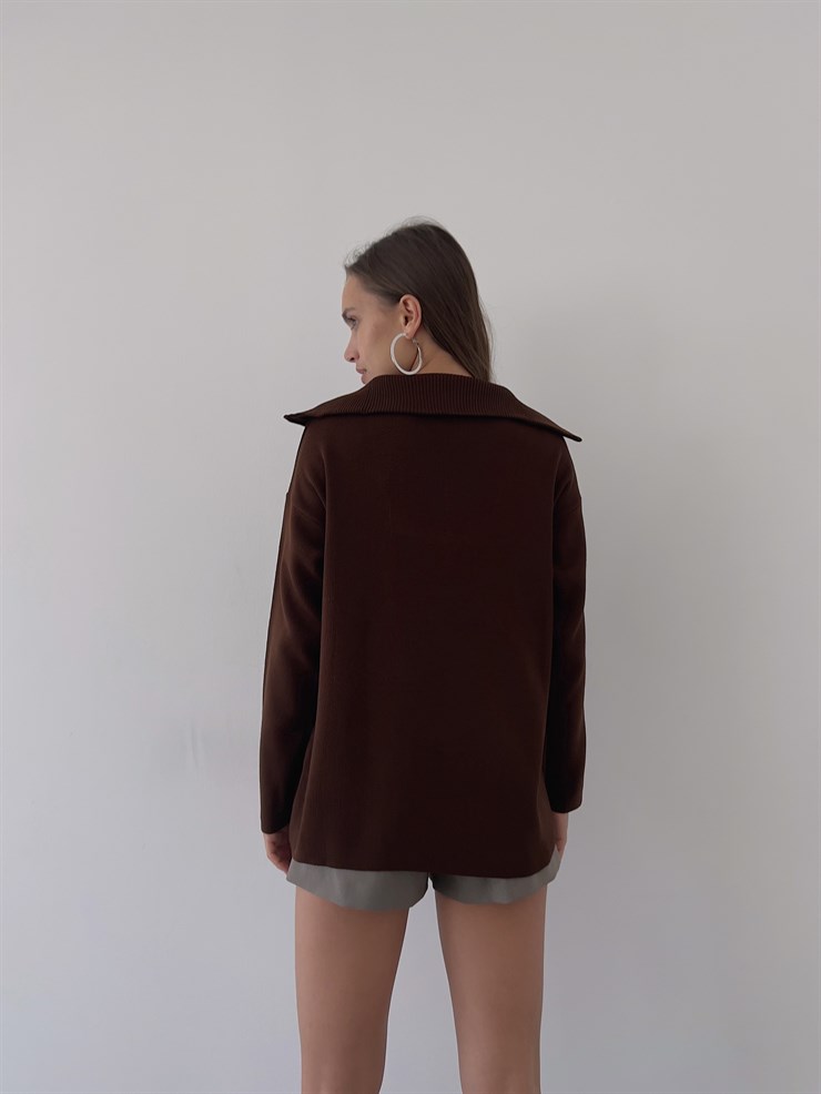 Gömlek Yaka Mariella Kadın Kahve Fermuarlı Kazak 23K000246