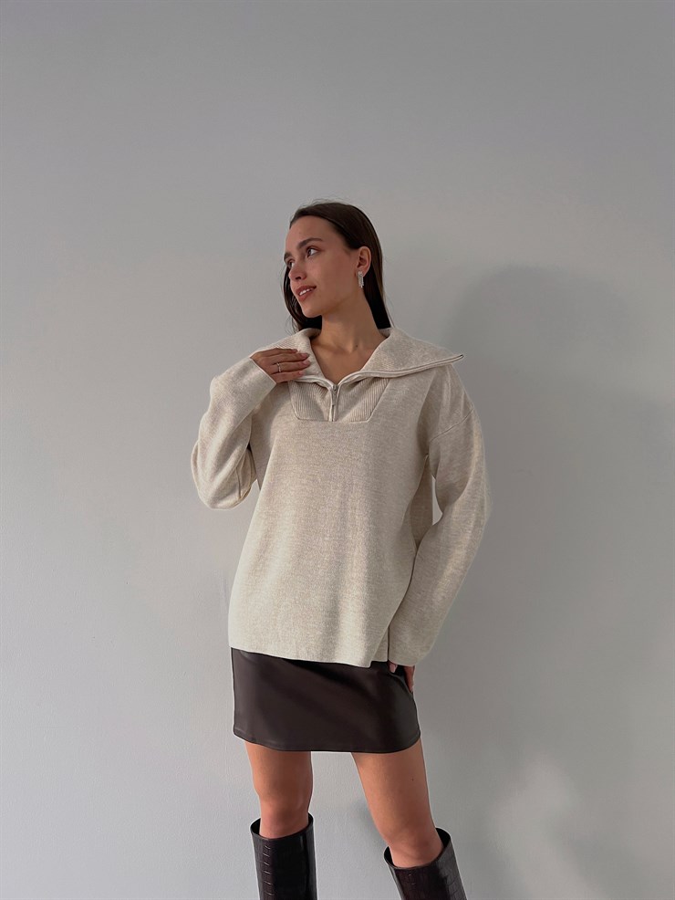 Gömlek Yaka Mariella Kadın Fermuarlı Taş Kazak 23K000246