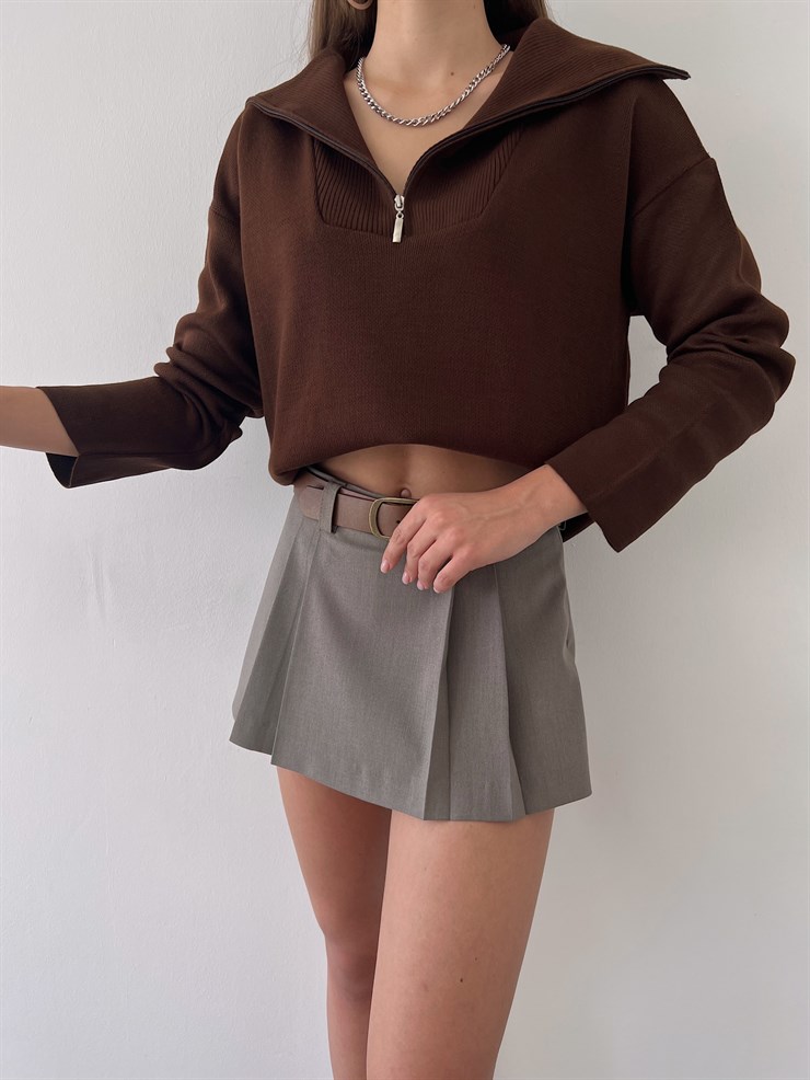 Gömlek Yaka Mariella Kadın Kahve Fermuarlı Kazak 23K000246