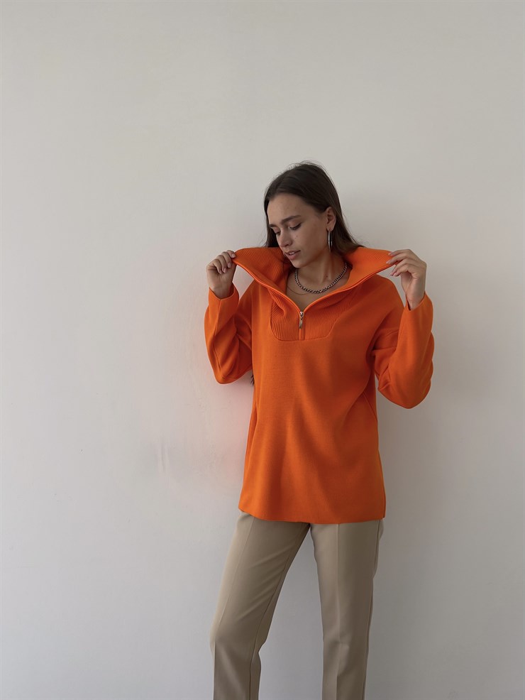 Gömlek Yaka Mariella Kadın Turuncu Fermuarlı Kazak 23K000246