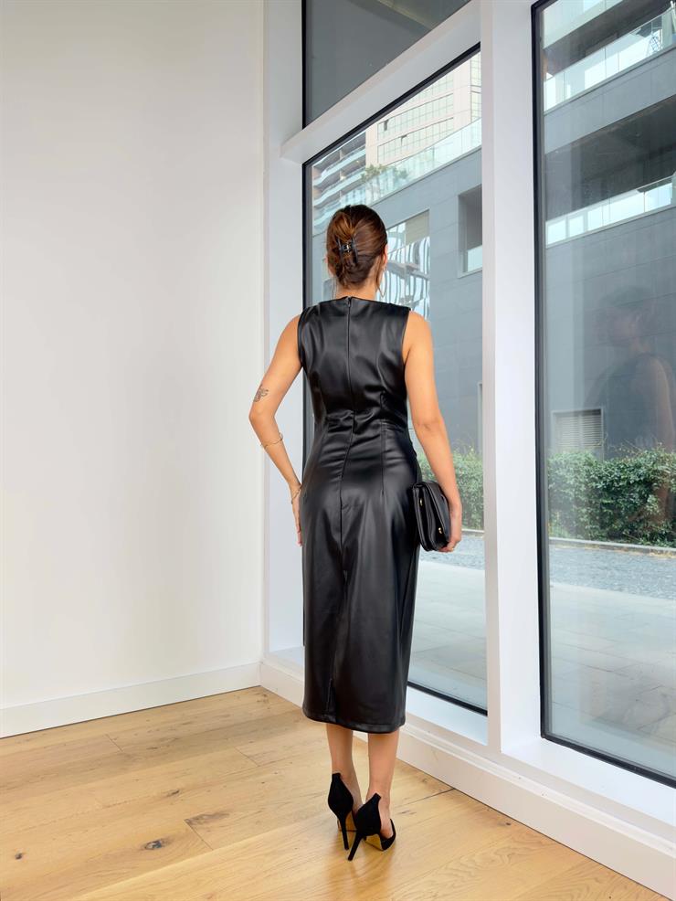 Kolsuz Drapeli Marika Siyah Kadın Deri Midi Elbise 25K091