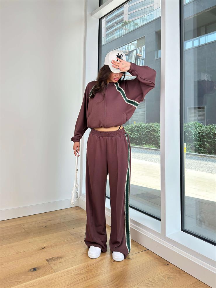 Önü Fermuar Kapamalı Sweatshirt Bol Paça Beli Lastikli Eşofman Altı Marisa Kahve Kadın Eşofman takım 25K168