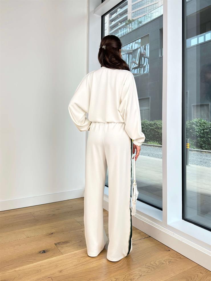 Önü Fermuar Kapamalı Sweatshirt Bol Paça Beli Lastikli Eşofman Altı Marisa Ekru Kadın Eşofman takım 25K168